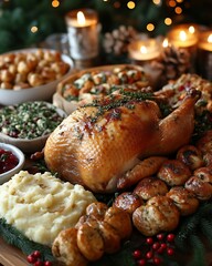 Roasted turkey with mashed potatoes, stuffing, cranberry sauce, and rolls for Thanksgiving or Christmas dinner.