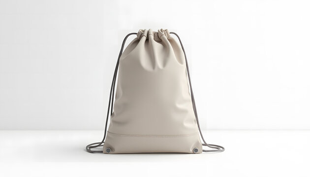 Realistic drawstring bags with rope or nylon cord, modeled as a gym or sport sack template in a fabric mockup style