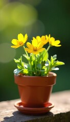 Delicate yellow wildflowers in a small terracotta pot, pot, sunlight, delicate