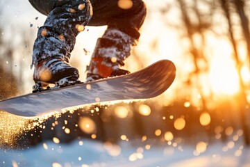 Fototapeta premium Snowboarder catches air in sunset glow above snowy landscape