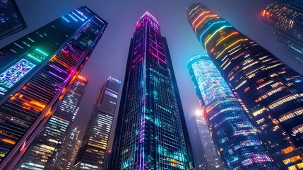 Obraz premium A futuristic cityscape with towering skyscrapers adorned with multicolored LED lights and holographic displays.