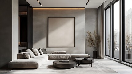 Sleek living room with large black frame poster on a light grey wall, minimalist metal furniture, and large windows 