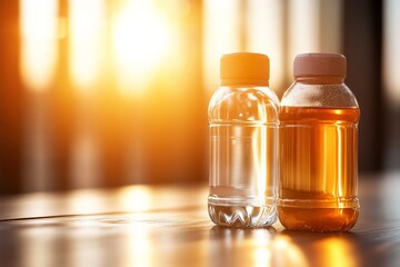 Clear water and refreshing drink bottles glowing in sunlight during a warm evening