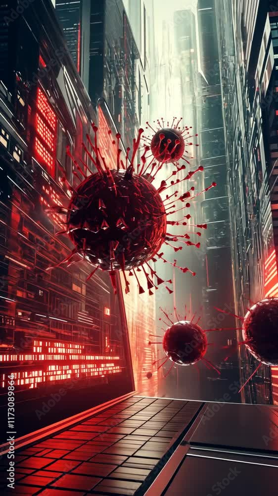 Poster dark and futuristic landscape with floating virus-like structures in a cybernetic environment