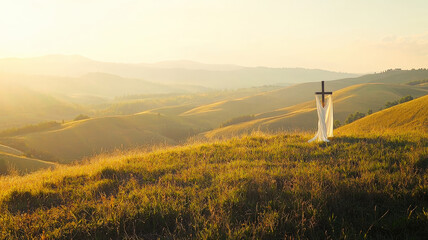 A serene landscape of rolling hills with a solitary cross draped in white cloth. Warm sunlight bathes the scene, evoking hope and renewal, with soft shadows enhancing the peaceful atmosphere.