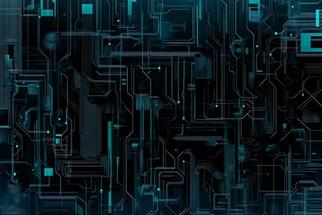 Abstract close-up of a glowing blue digital circuit board, showcasing intricate connections and technological design on a black background.
