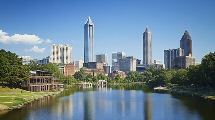 Downtown skyline on a clear day with modern skyscrapers and urban landscape.