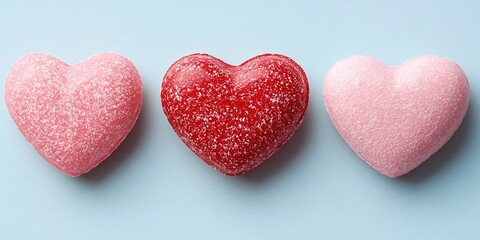 Obraz premium Valentine's Day Three Heart Shaped Objects Pink Red and Light Pink on a Blue Background
