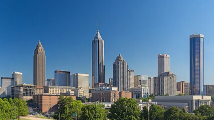 Obraz premium Downtown skyline on a clear day with modern skyscrapers and urban landscape.