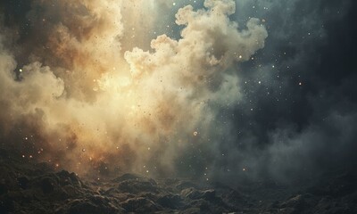 Fototapeta premium Abstract Cosmic Nebula With Swirling White, Yellow, And Gray Clouds, Rocky Terrain, And Twinkling Stars In Space