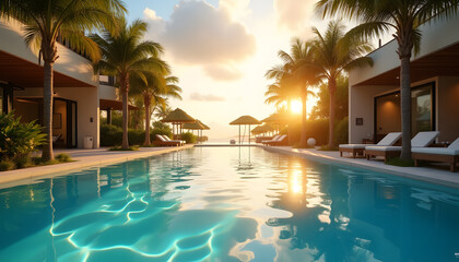 Fototapeta premium Luxurious Vacation Spot with Pool and Golden Sunrise