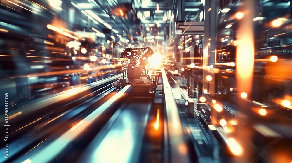 Poster blurry view of robot operating on factory floor with motion effect