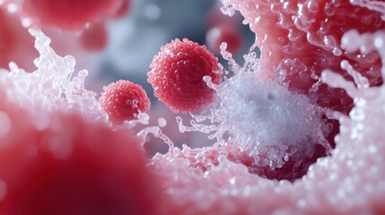 A dramatic representation of red blood cells interacting with a white blood cell, showing the contrast between their textures and colors. 