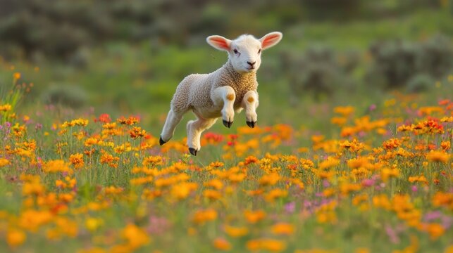 A playful lamb leaps joyfully through a vibrant field of wildflowers.
