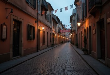 Fototapeta premium Charming cobblestone street with hanging lanterns at dusk