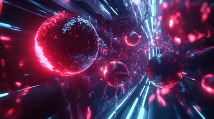 A futuristic depiction of red blood cells with glowing edges, traveling through a high-tech, neon-lit blood vessel.