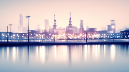 Fototapeta premium Serene Cityscape at Twilight: A Dreamlike Panorama of Urban Lights and Reflections