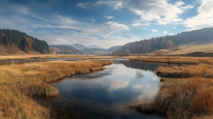 Serene Autumn River Landscape in Mountain Valley