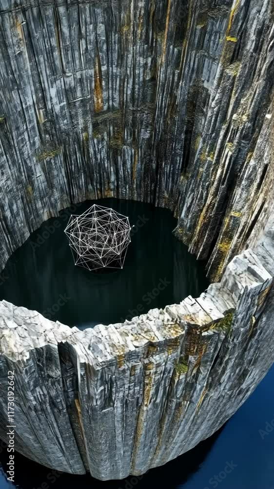 Poster deep geological pit with a geometric structure floating on water at the bottom
