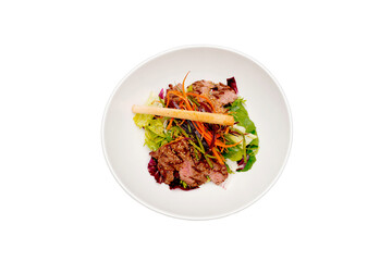 Sesame Beef Salad and Breadsticks in a White Salad Bowl - White Background