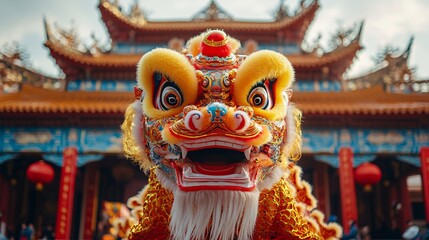 Fototapeta premium A majestic Chinese lion dance in front of a decorated temple with golden accents