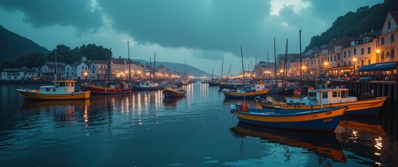 Naklejka premium A group of boats are docked in a harbor at night