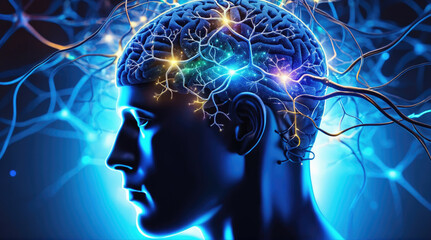 Obraz premium Cognitive connections illuminated in a blue digital representation of the human brain and neural networks