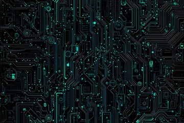 Abstract close-up of a glowing blue digital circuit board, showcasing intricate connections and technological design on a black background.
