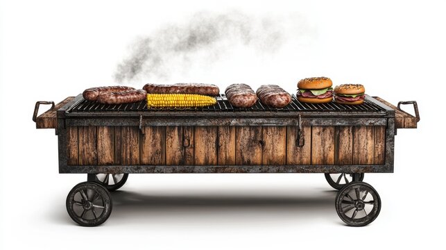 A rustic outdoor barbecue pit with a metal grate, grilling juicy burgers, sausages, and corn on the cob, with smoke wafting upward, on a white background.