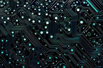Abstract close-up of a glowing blue digital circuit board, showcasing intricate connections and technological design on a black background.
