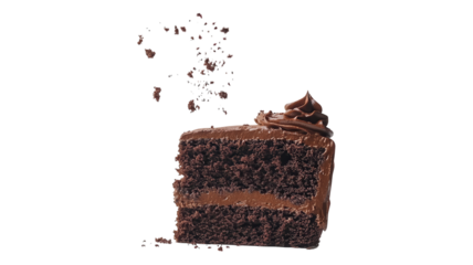 Delicious slice of chocolate cake with frosting and chocolate crumbs on a transparent background, perfect for baking enthusiasts and dessert lovers.
