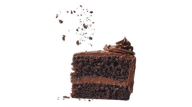 Delicious slice of chocolate cake with frosting and chocolate crumbs on a transparent background, perfect for baking enthusiasts and dessert lovers.