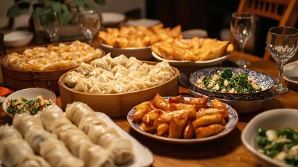 Fototapeta premium A table filled with Chinese dumplings, spring rolls, and traditional New Year dishes