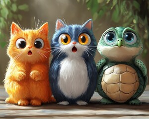 Adorable Cartoon Cats and Turtle Expressing Surprised Emotions in a Forest Setting