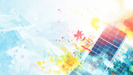 A serene solar panel installation site with engineers fitting panels on rooftops, workers wiring inverters, and a bright, sunny backdrop emphasizing sustainable energy solutions and renewable power