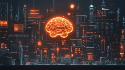 Fototapeta premium A visual timeline illustrating the evolution of humanity, from traditional tools to advanced AI-powered robots, with a glowing digital brain symbolizing the AI era. 