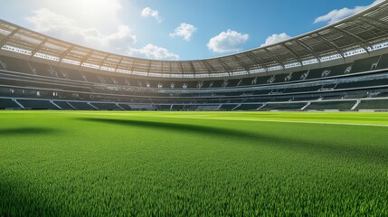 A vibrant stadium field under a bright sky, showcasing lush green grass and modern architecture, perfect for sporting events.