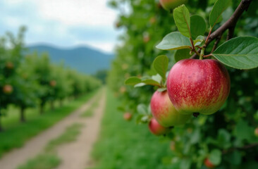 Ripe red apples on a branch on a blurred background of an apple plantation, a place for text