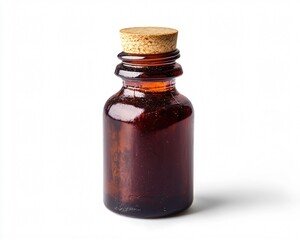 Amber Glass Bottle with Cork Lid Isolated on White Background