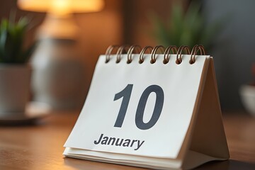 A calendar page flipping to January 10 , set in a cozy desk scene.