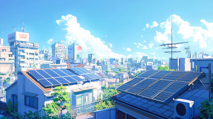 A serene solar panel installation site with engineers fitting panels on rooftops, workers wiring inverters, and a bright, sunny backdrop emphasizing sustainable energy solutions and renewable power