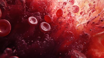 An artistic visualization of red blood cells, showing their smooth, disc-like shapes suspended in a fluid-like background. 