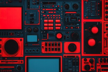 Fototapeta premium Vintage audio equipment arranged in a striking red and blue pattern, showcasing various buttons, dials, and screens. Cybersecurity,Audio Visual Content