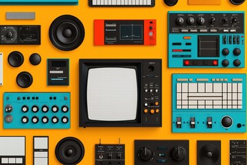 Fototapeta premium Colorful retro electronic devices arranged creatively on a vibrant orange background, featuring a vintage TV and various audio equipment. Cybersecurity,Audio Visual Content