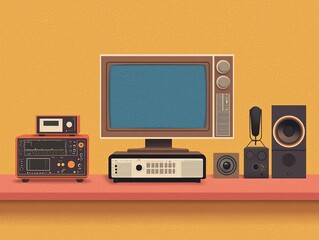 Fototapeta premium Vintage electronics including a retro television, speakers, and audio equipment set against a warm, orange background. Cybersecurity,Audio Visual Content