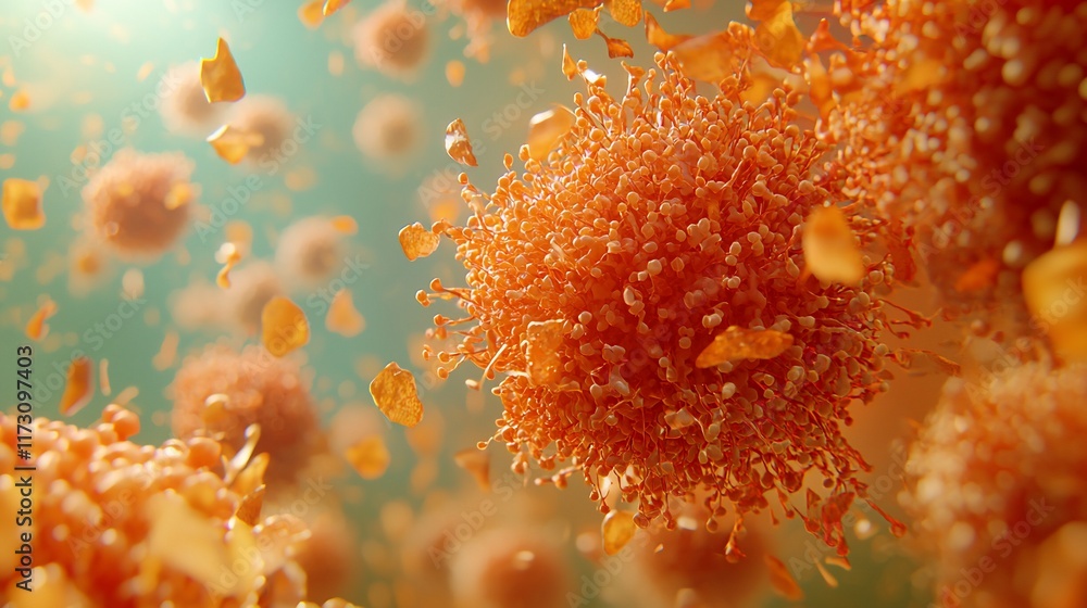 Poster microscopic view of disintegrating virus cells.