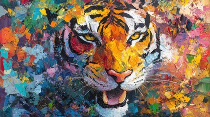 Animal head, portrait art - Colorful abstract oil acrylic painting of colorful tiger, pallet knife on canvas