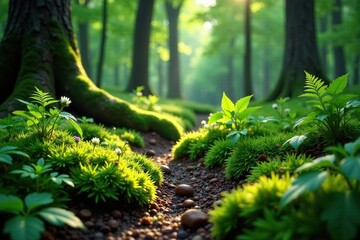 Serene forest floor with moss, ferns, and wildflowers, tranquility, moss, forest clearing