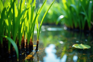 Obraz premium Sedge stalks submerged in shallow water with aquatic plants, swamp, vegetation, ponds