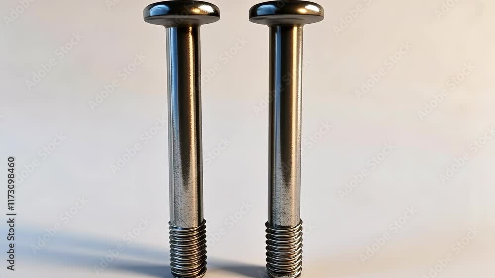 Poster close up of two shiny metal bolts highlighting threaded and smooth sections in a clean setting